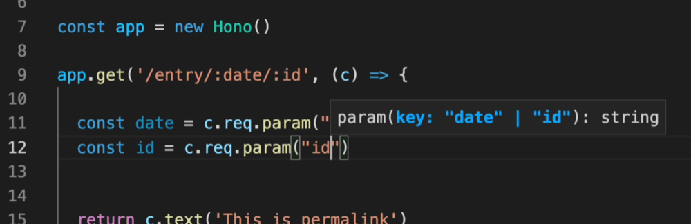 屏幕截图展示了当 URL 带有参数时,Hono 能正确推断字面量类型。路径 "/entry/:date/:id" 会让请求参数变成 "date" 或 "id"